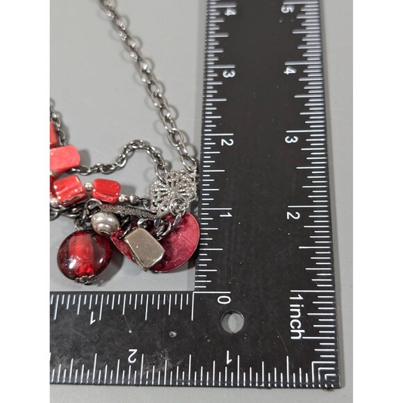 Red Shell Gray Metallic Layered Statement Necklace Boho Whimsigoth Y2K 19" - Picture 8 of 8